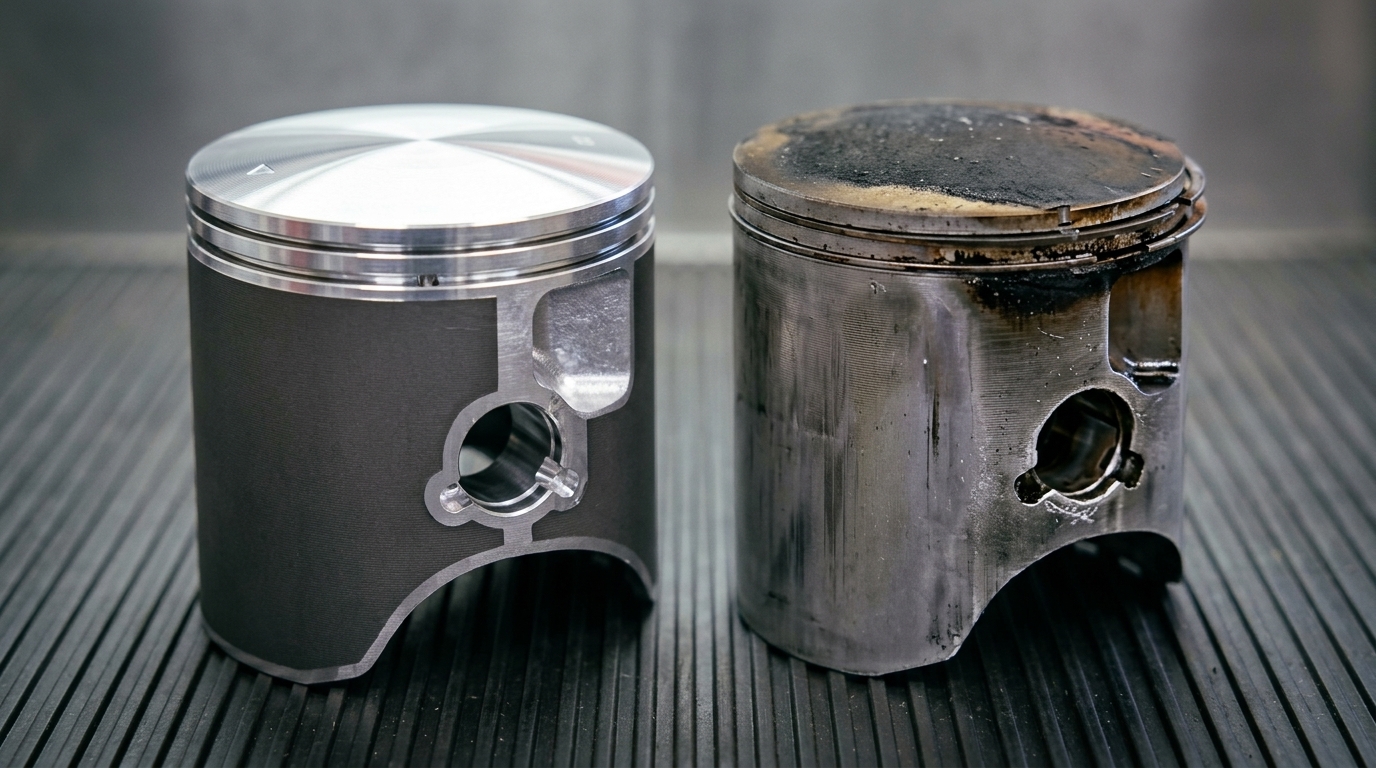 Worn KTM two-stroke piston with carbon and skirt scuffing next to a new replacement piston